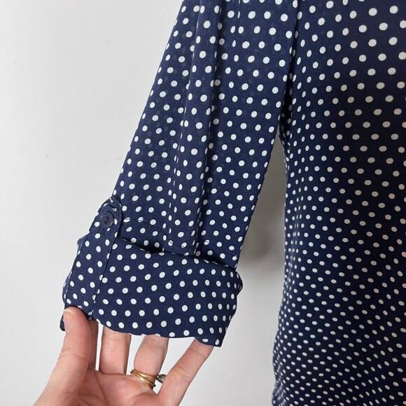 Market & Spruce Women's Top S Blue & White Polka Dot Roll Tab Sleeve 1/4 Button - Picture 5 of 9